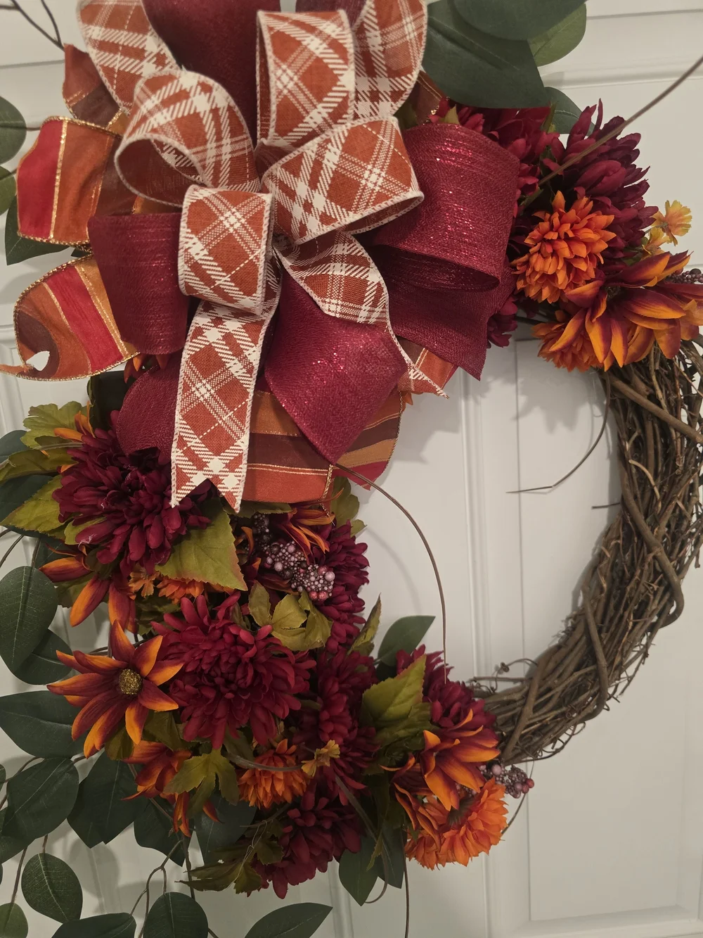 Autumn Grapevine Wreath with Burgundy & Orange Bow Fall Handmade